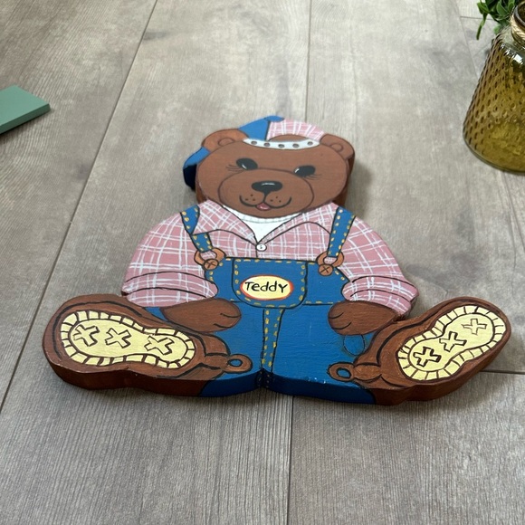 Vintage 90s Hand Crafted Wooden ‘Teddy’ Bear Nursery Kids Boys Room Decor - Picture 12 of 16
